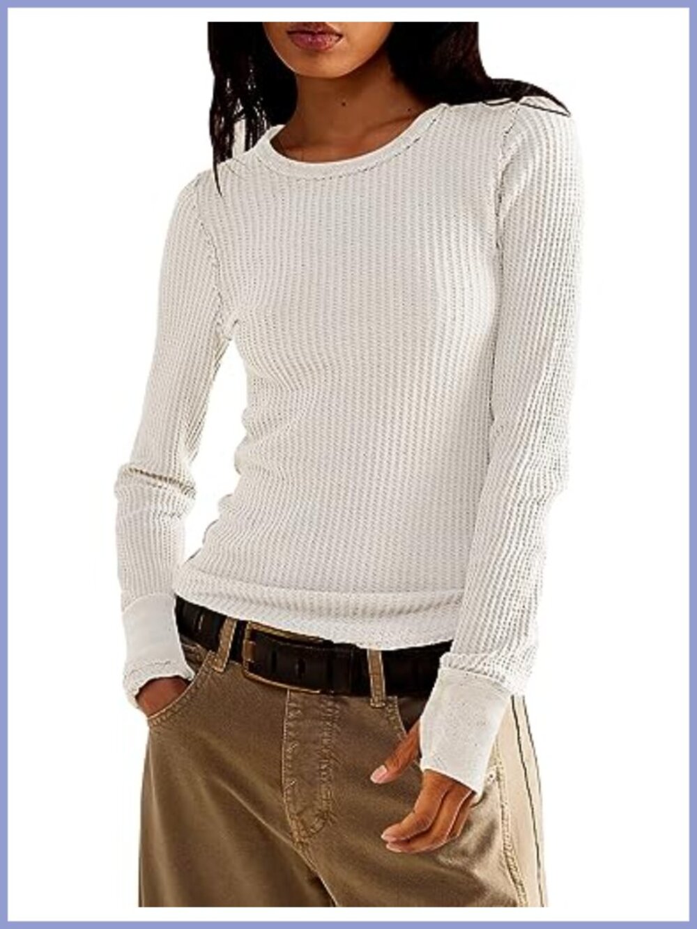 Waffle Knit Long Sleeve Slim Fitted Pullover Top Thumbhole